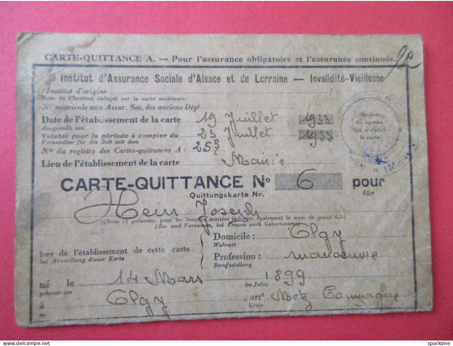 Carte Quittance A - Pour L'assurance Obligatoire Et L'assurance Continuée. établie Le 19 Juillet 1933 - Storia Postale