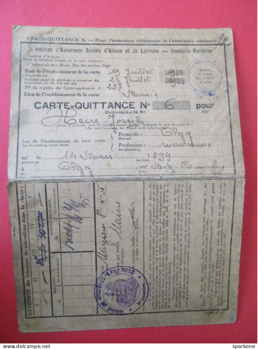 Carte Quittance A - Pour L'assurance Obligatoire Et L'assurance Continuée. établie Le 19 Juillet 1933 - Brieven En Documenten