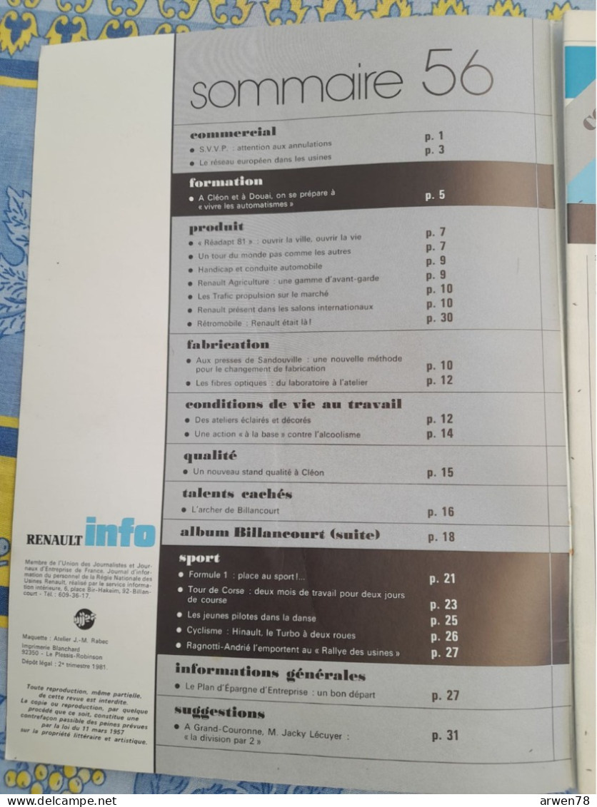 RENAULT INFO 1981 JOURNAL DE LA REGIE NATIONALE SOMMAIRE HINAULT - Auto/Motor