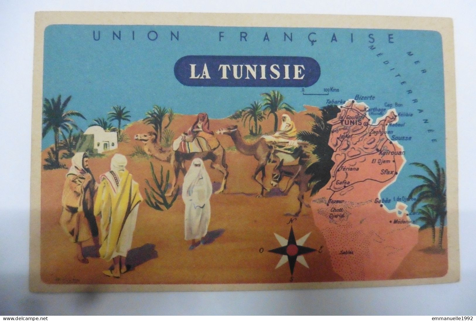 Chromo Lion Noir - Union Française - La Tunisie - Carte Chameaux Désert Palmiers - Andere & Zonder Classificatie