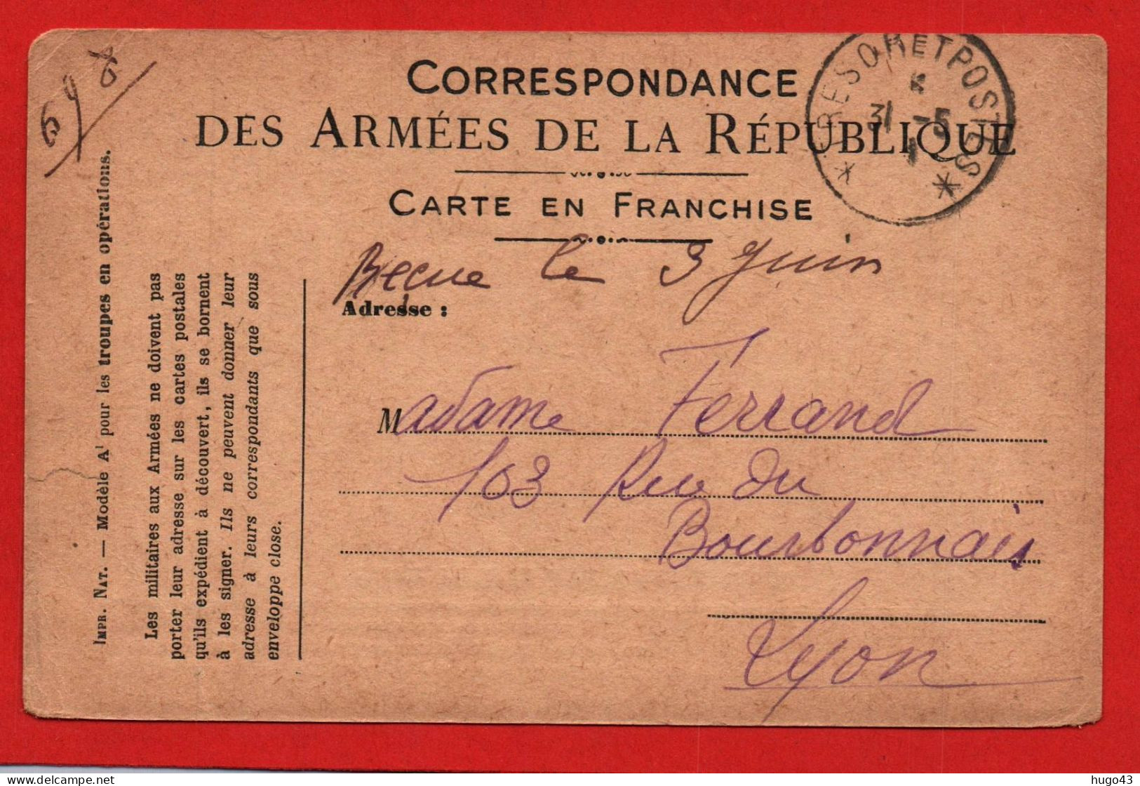 (RECTO / VERSO) CARTE CORRESPONDANCE DES ARMEES DE LA REPUBLIQUE - CACHET TRESOR ET POSTES - Brieven En Documenten