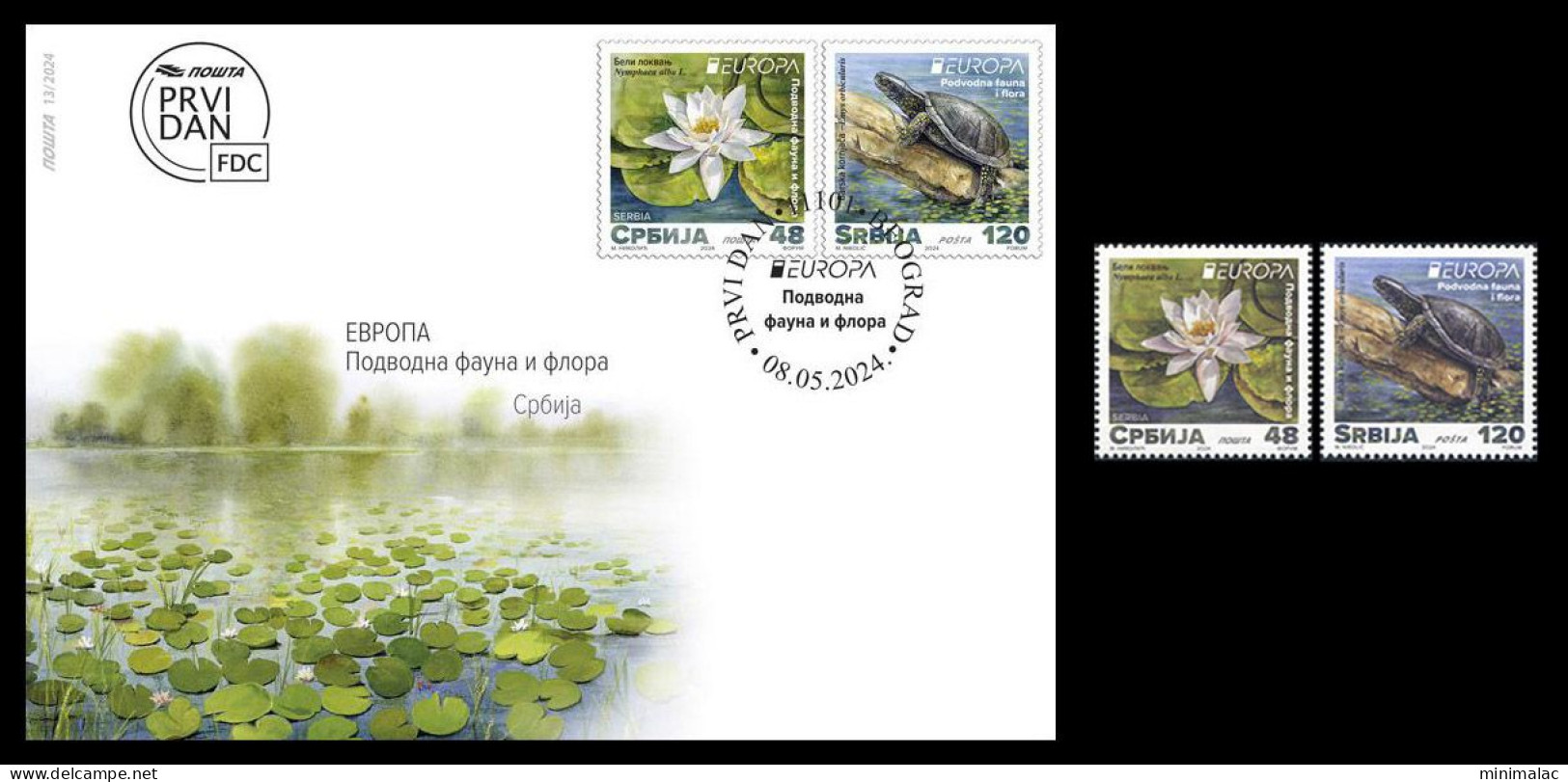 Serbia 2024. EUROPA, Underwater Fauna And Flora, Water Lily, Turtle, FDC + Stamp, MNH - Serbie