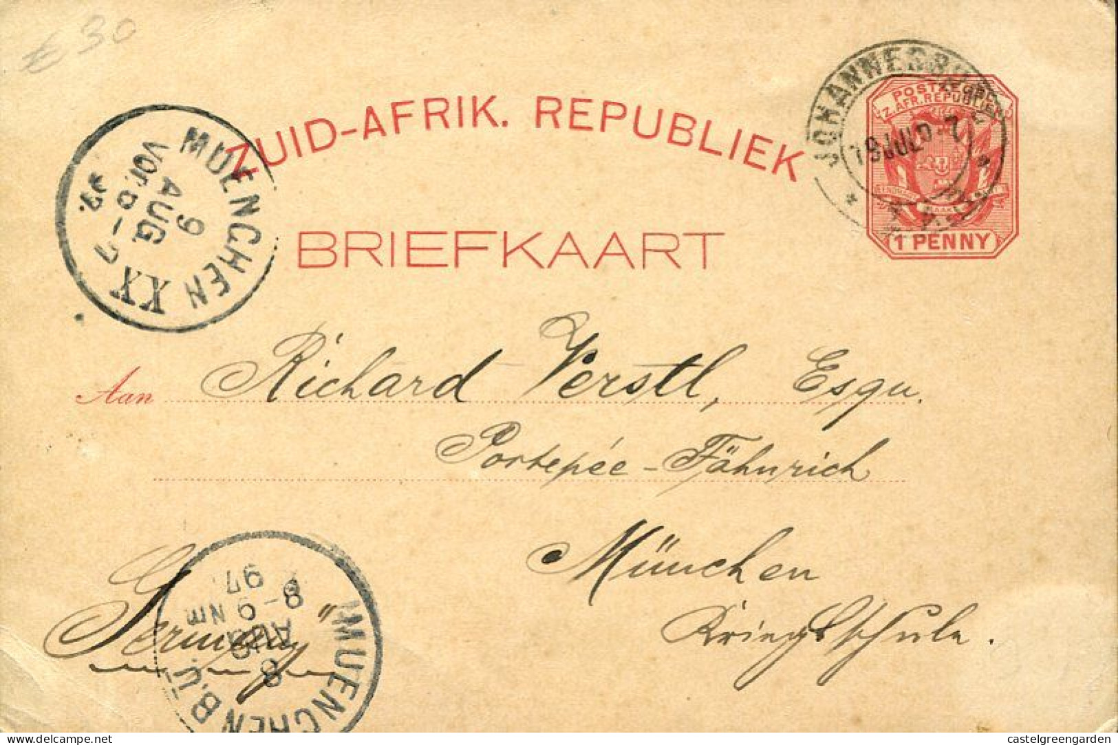 X0510 Transvaal South Africa Zuid-afrik Republiek Briefkaart Circuled 1897 From Johann.to Munchen (see 2 Scan) - Transvaal (1870-1909)