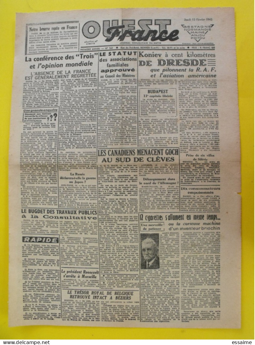 Journal L'Ouest France Du 15 Février 1945. Guerre De Gaulle Dresde Goch Budapest Libéré Roosevelt Angers Cholet - Sonstige & Ohne Zuordnung