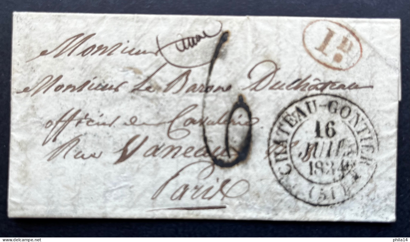 MARQUE POSTALE CHATEAU GONTIER POUR PARIS / 1834 / LAC / TAXE 6 - 1801-1848: Precursors XIX