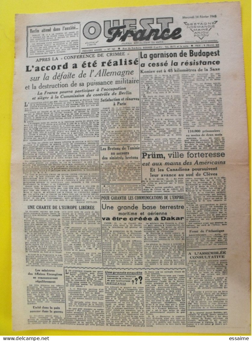 Journal L'Ouest France Du 14 Février 1945. Guerre De Gaulle Yalta Budapest Püm Dakar Angers Cholet - Andere & Zonder Classificatie