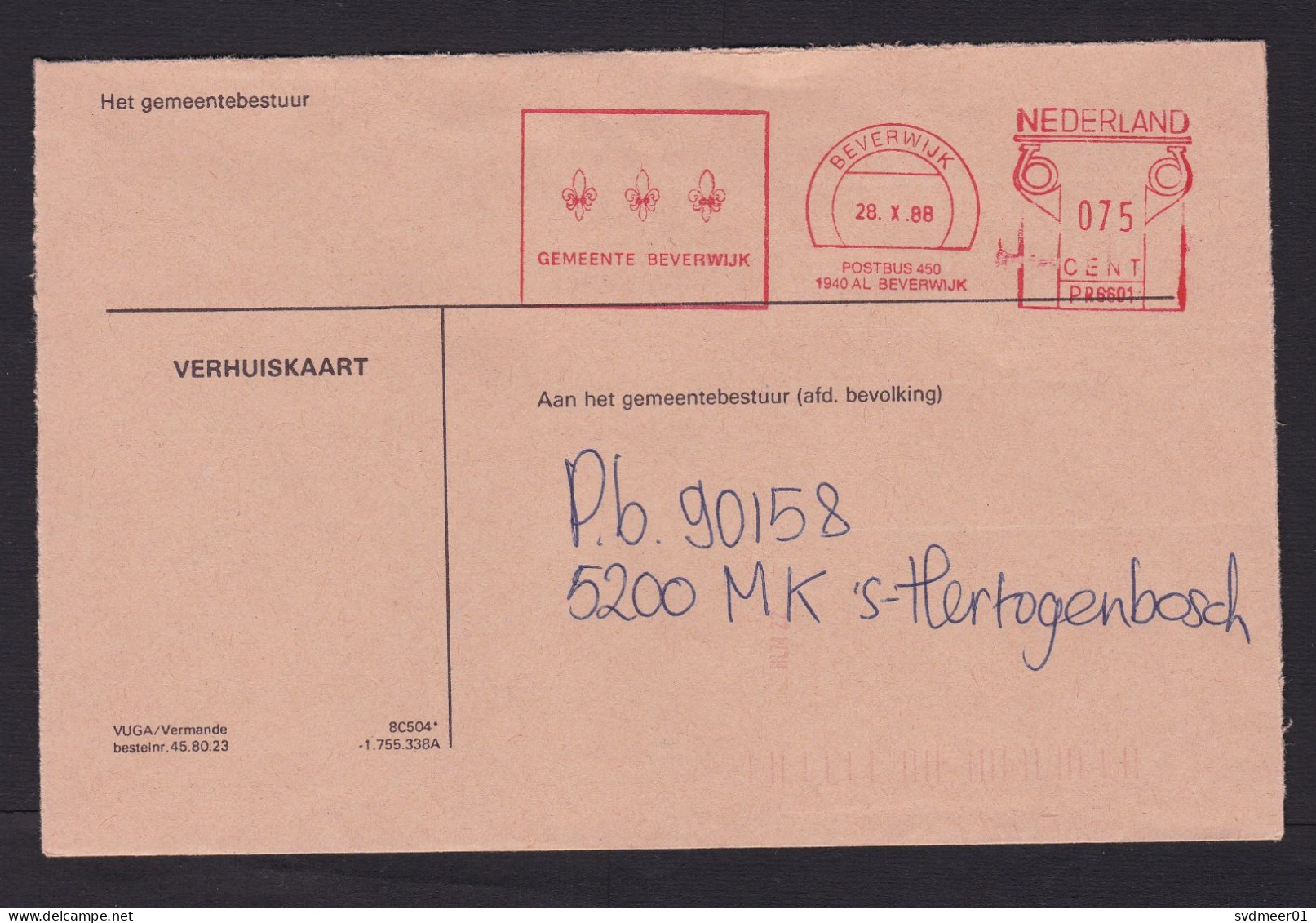 Netherlands: Cover, 1988, Meter Cancel, Municipality Of Beverwijk, Heraldry (opened At 3 Sides) - Lettres & Documents