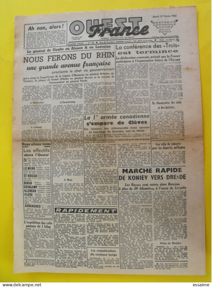 Journal L'Ouest France Du 13 Février 1945. Guerre De Gaulle Yalta Rhin Clèves épuration Angers Cholet - Sonstige & Ohne Zuordnung