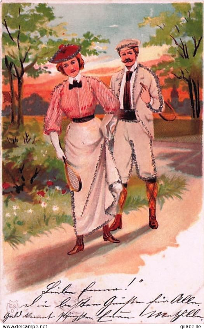 Illustrateur - TENNIS - Couple Sur Le Chemin Du Tennis - Rajout De Brillants  - 1901 - 1900-1949