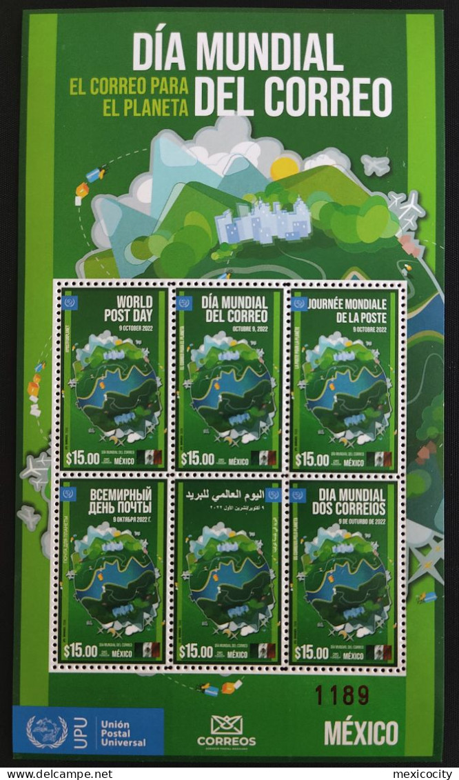 MEXICO 2022 MINI SHEET WORLD POST DAY UPU Common Design Ltd. 6 Lang. Stamps MNH - Gemeinschaftsausgaben