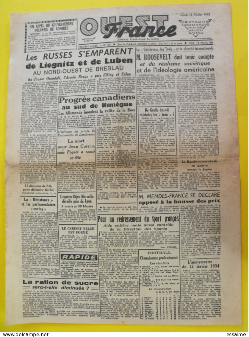 Journal L'Ouest France Du 12 Février 1945. Guerre De Gaulle Yalta Roosevelt épuration Corres Poquet Mendès-France Japon - Other & Unclassified