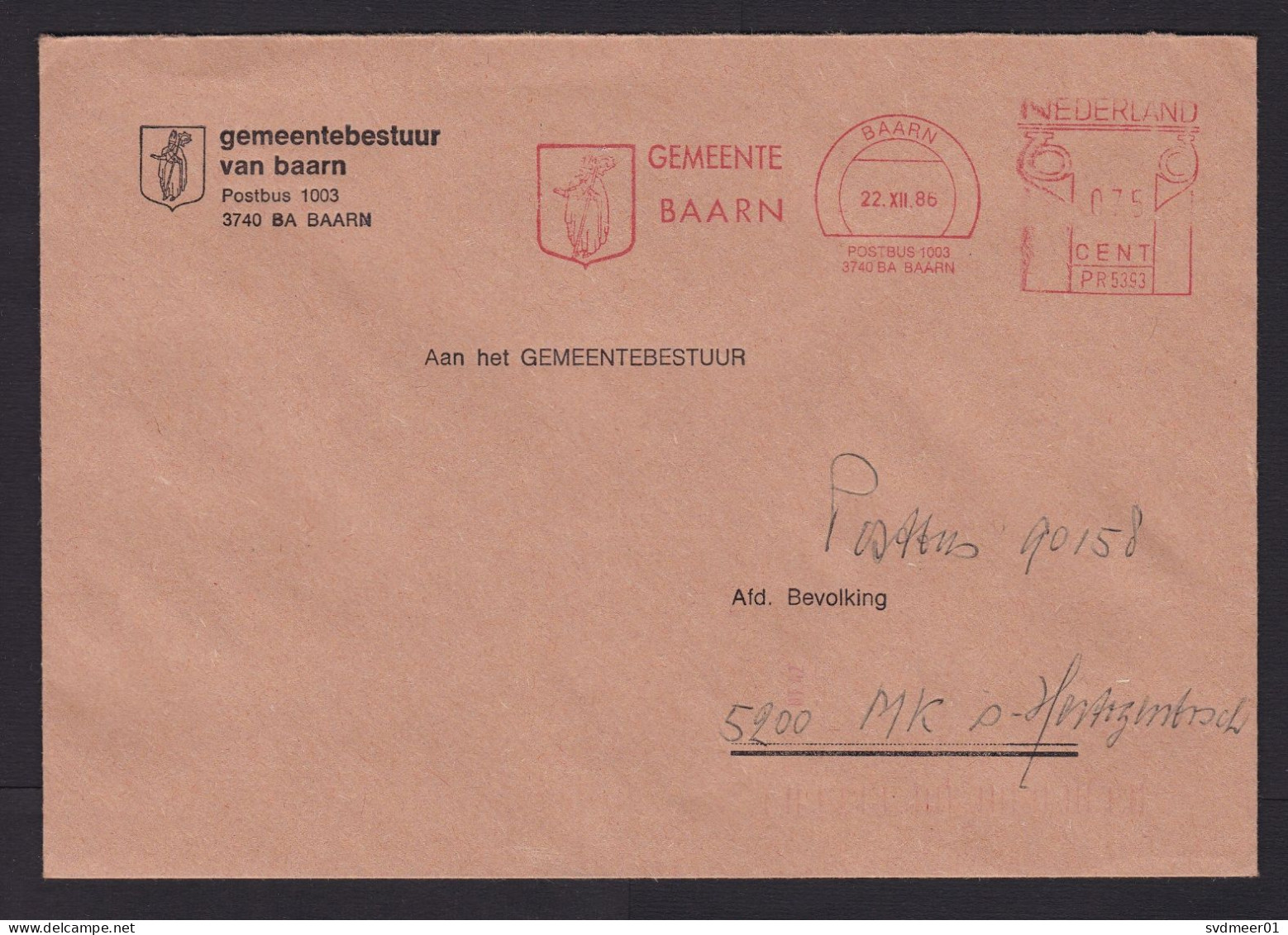 Netherlands: Cover, 1986, Meter Cancel, Municipality Of Baarn, Heraldry (traces Of Use) - Briefe U. Dokumente