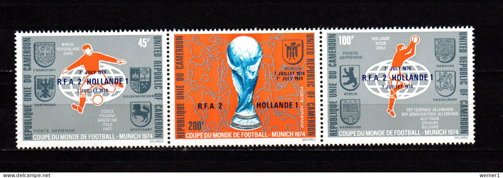 Cameroon - Cameroun 1974 Football Soccer World Cup Strip Of 3 With Winners Overprint MNH - 1974 – Allemagne Fédérale