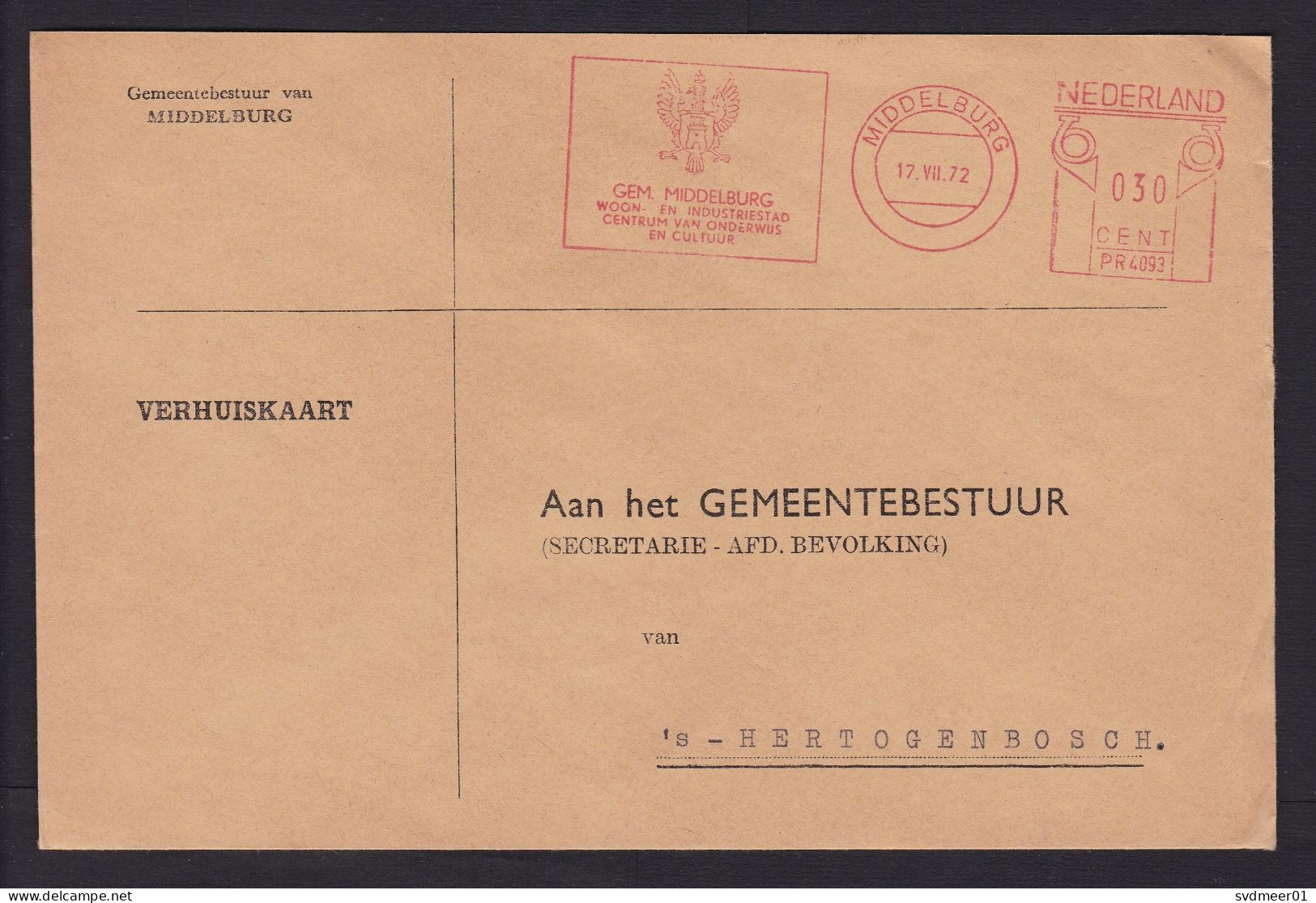 Netherlands: Cover, 1972, Meter Cancel, Municipality Of Middelburg, Heraldry, Slogan (traces Of Use) - Cartas & Documentos