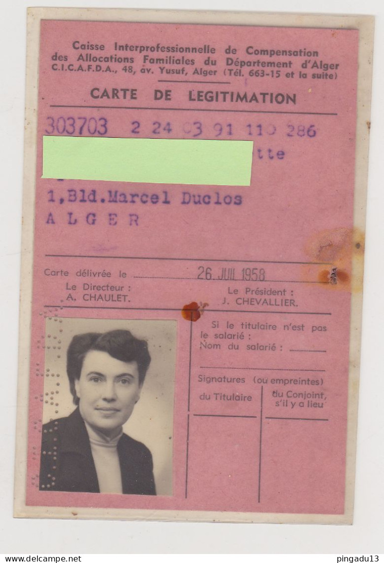 Fixe Carte De Légitimation  Alger Algérie 1958 - Cartes De Membre