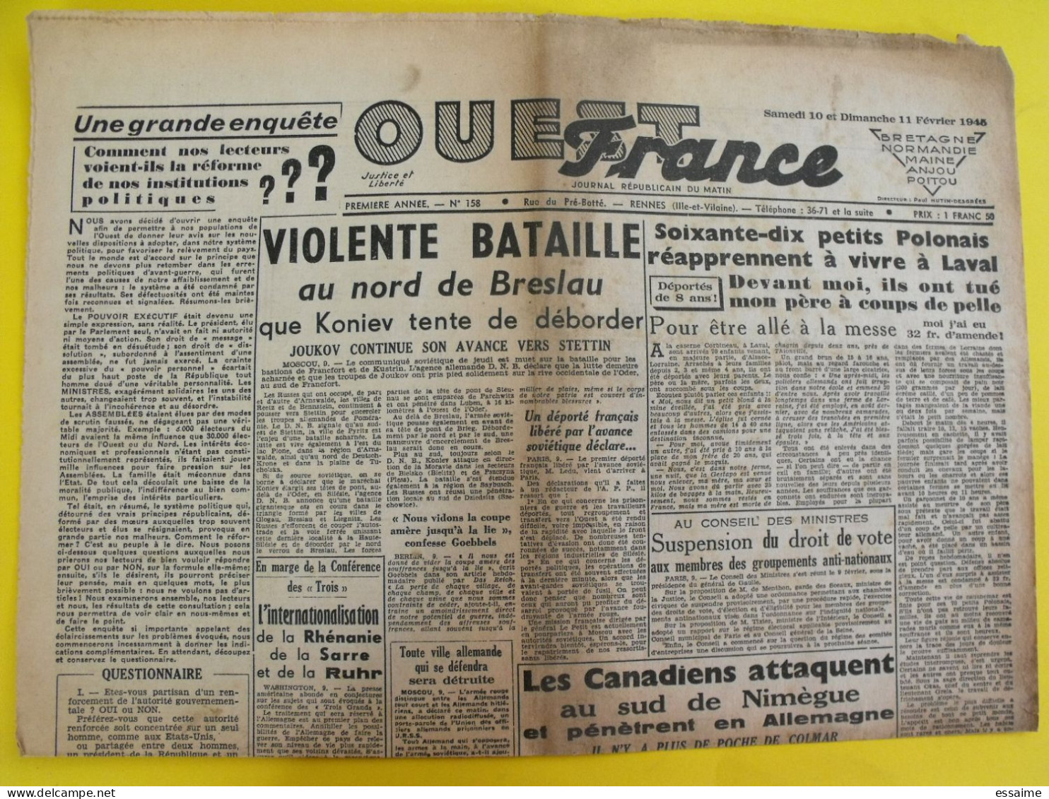 Journal L'Ouest France Du 10-11 Février 1945. Guerre De Gaulle Yalta  Laval Breslau Tassigny Italie - Autres & Non Classés