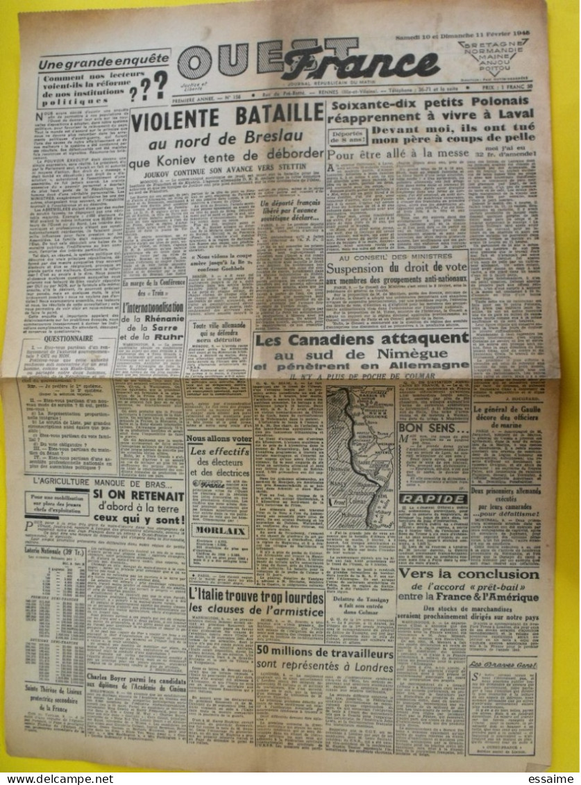 Journal L'Ouest France Du 10-11 Février 1945. Guerre De Gaulle Yalta  Laval Breslau Tassigny Italie - Altri & Non Classificati