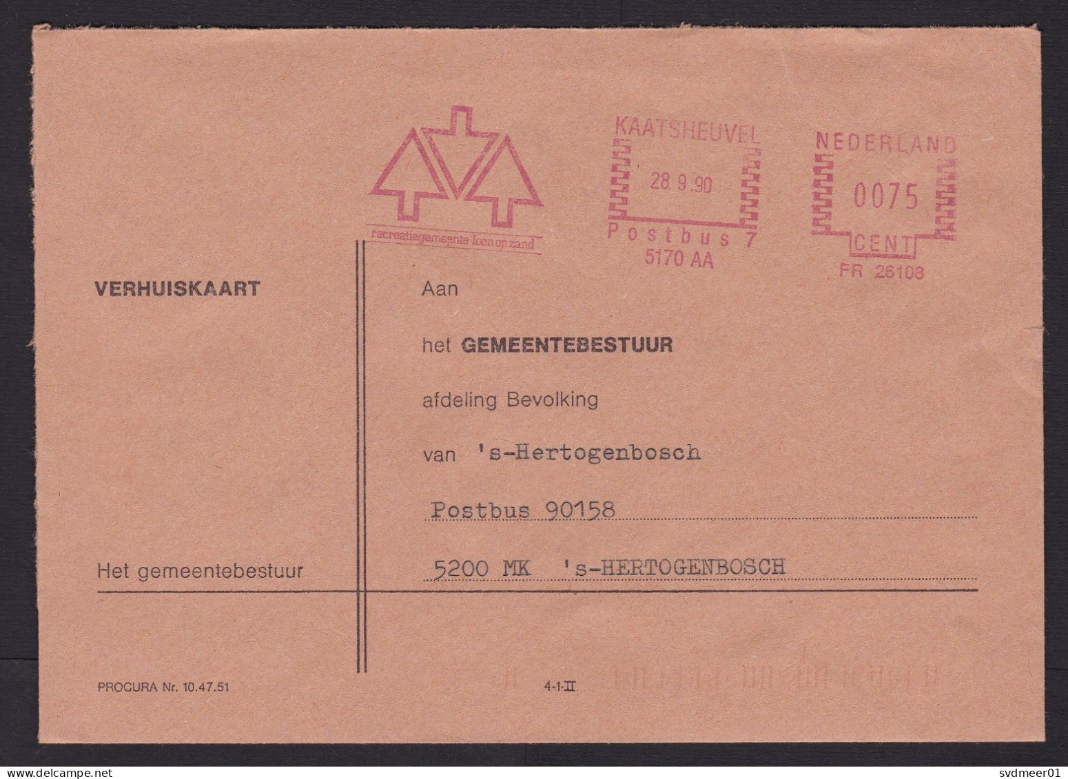 Netherlands: Cover, 1990, Meter Cancel, Municipality Of Loon Op Zand, Kaatsheuvel, Arrow (traces Of Use) - Briefe U. Dokumente