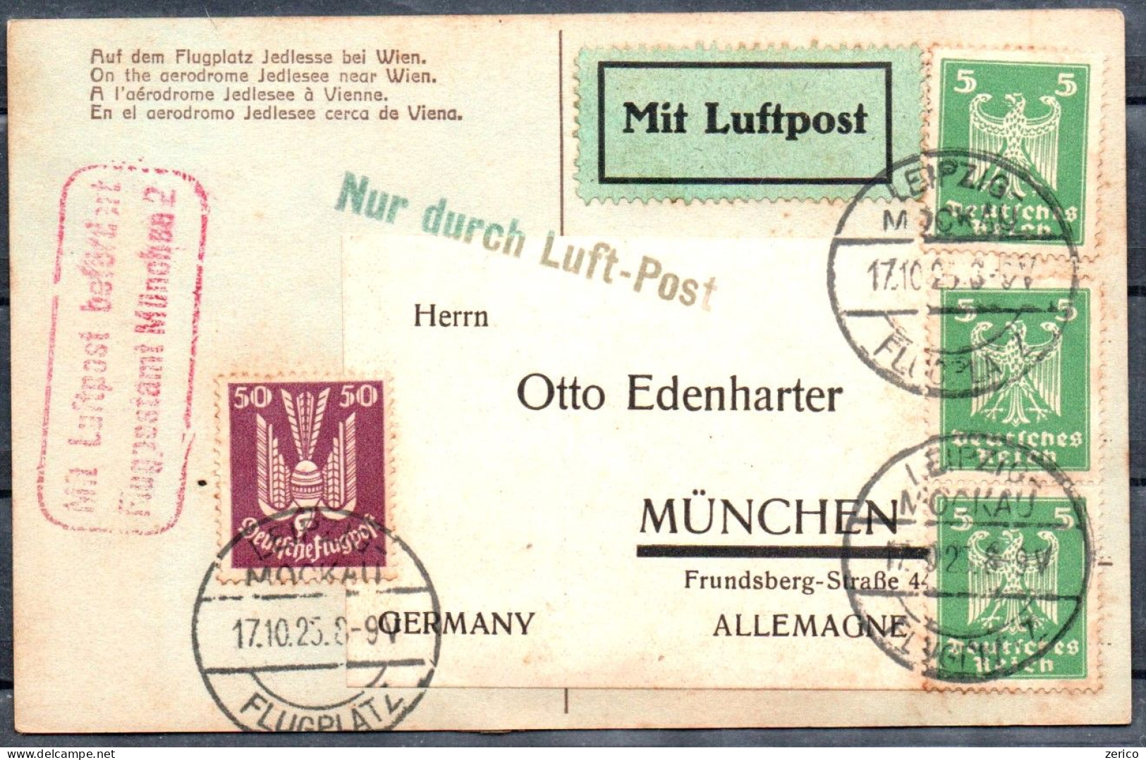 Carte Postale De Poste Aérienne De Leipzig à Munich De 1923 "A L'aérodrome Jedlesee à Vienne" - 1922-1923 Emissions Locales