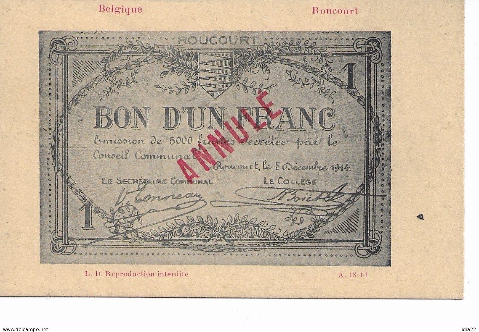 Roucourt  (Peruwelz) Bon D'un Franc 1914 - Péruwelz
