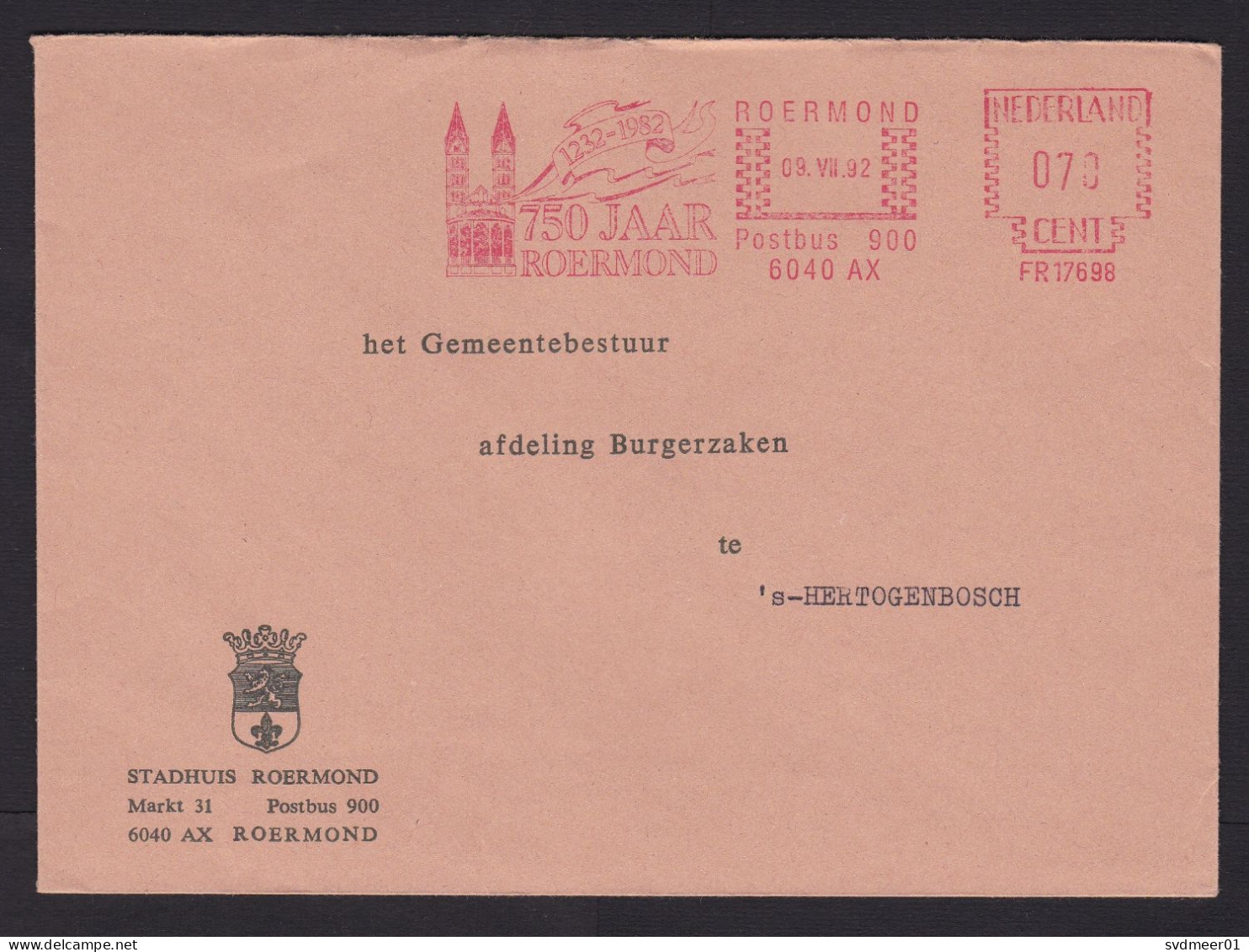 Netherlands: Cover, 1992, Meter Cancel, 750 Years City Of Roermond, Church, History, Municipality (traces Of Use) - Storia Postale