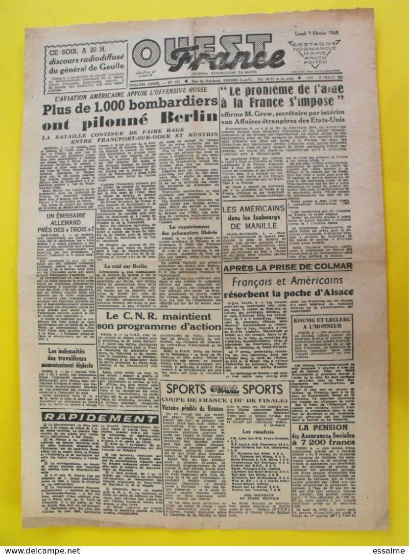 Journal L'Ouest France Du 5 Février 1945 Guerre De Gaulle Berlin Bombardé Leclerc Koenig Alsace Manille - Sonstige & Ohne Zuordnung