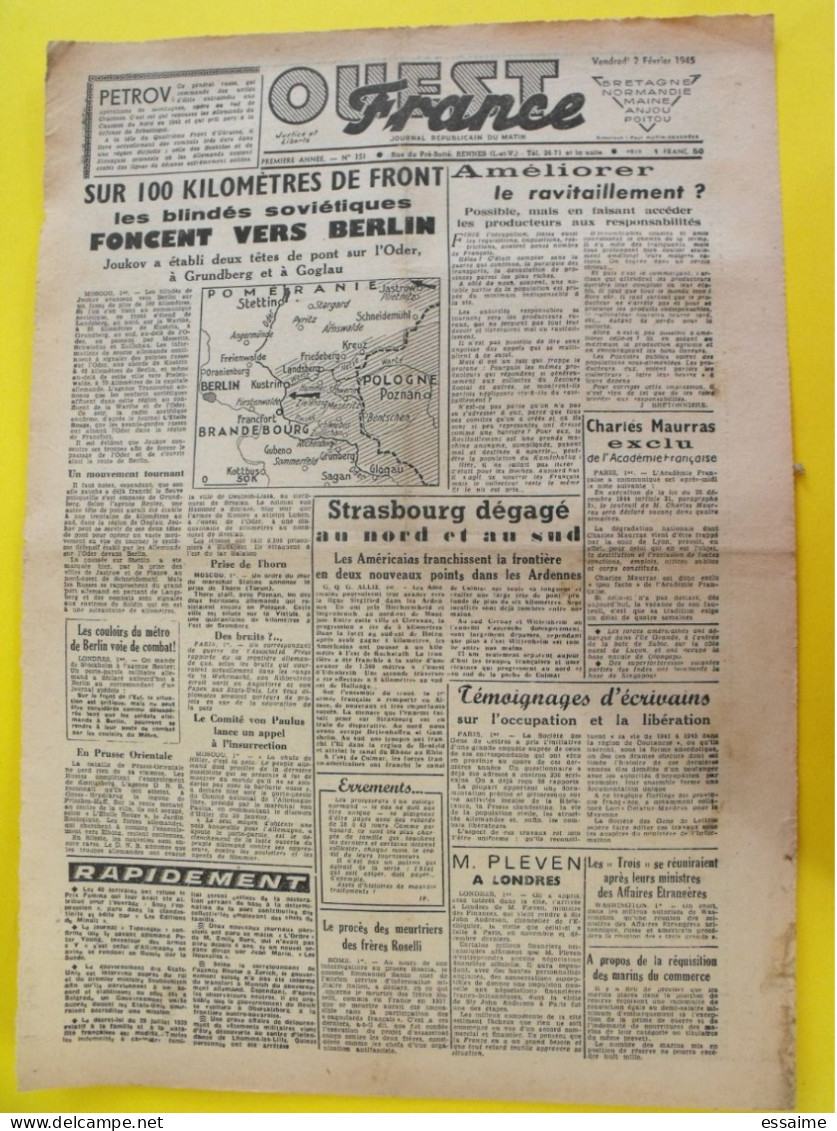 Journal L'Ouest France Du 2 Février 1945 Guerre De Gaulle Berlin Bombardé Strasbourg Maurras Pleven - Sonstige & Ohne Zuordnung