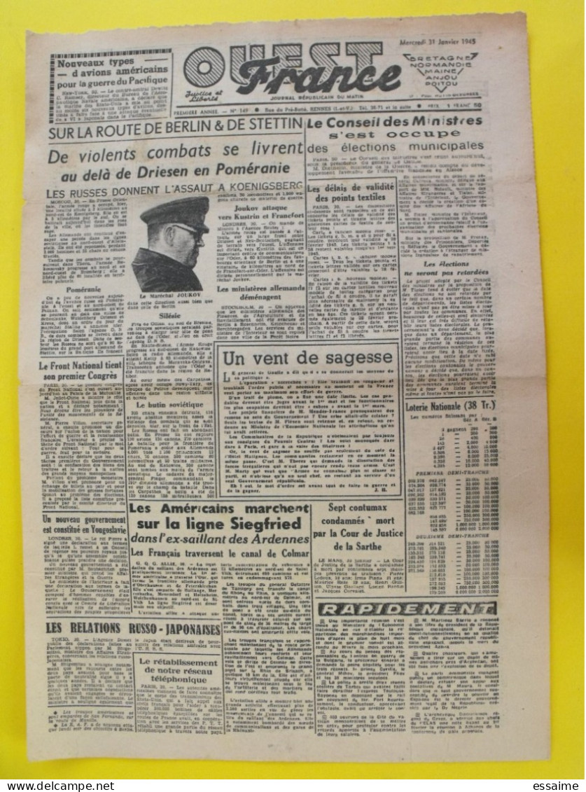 Journal L'Ouest France Du 31 Janvier 1945 Guerre De Gaulle Joukov Koenigsberg Ardennes Colmar Japon épuration - Andere & Zonder Classificatie