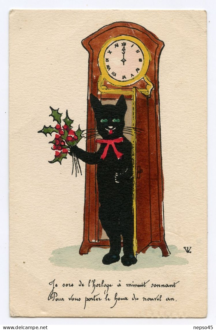 Carte Postale Peinte à La Main.chat Noir Black Cat - Katzen