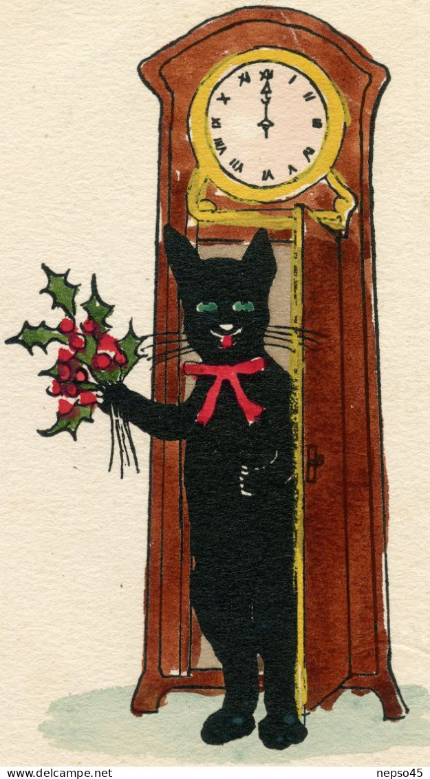 Carte Postale Peinte à La Main.chat Noir Black Cat - Gatos