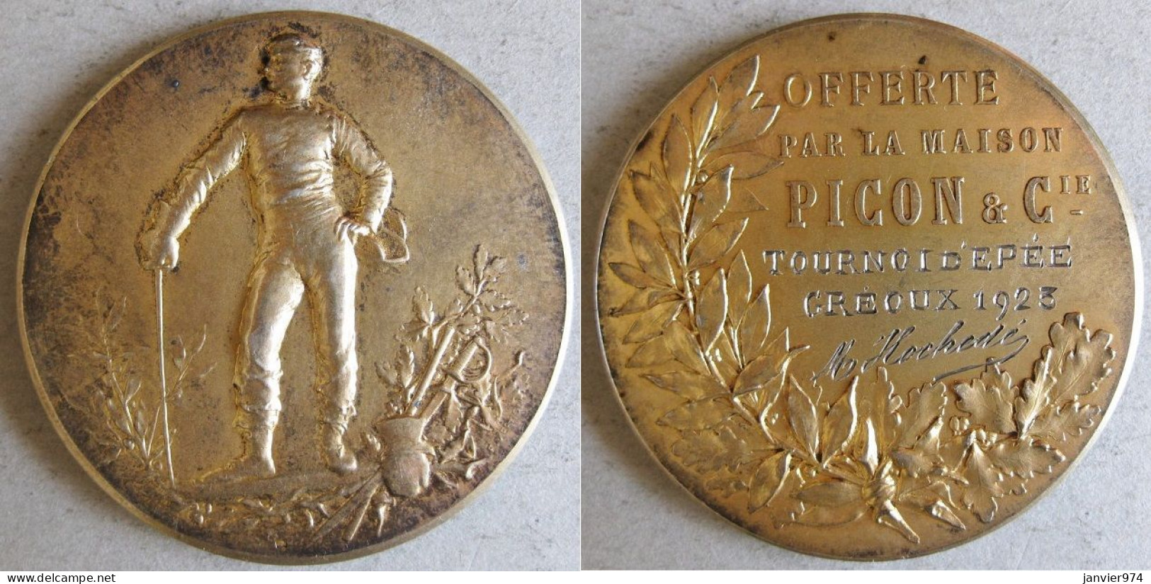 Médaille Argent Vermeil Tournoi D’Epée GREOUX 1923 , Maison Picon & Cie, à Hochedé Par VERNON - Autres & Non Classés
