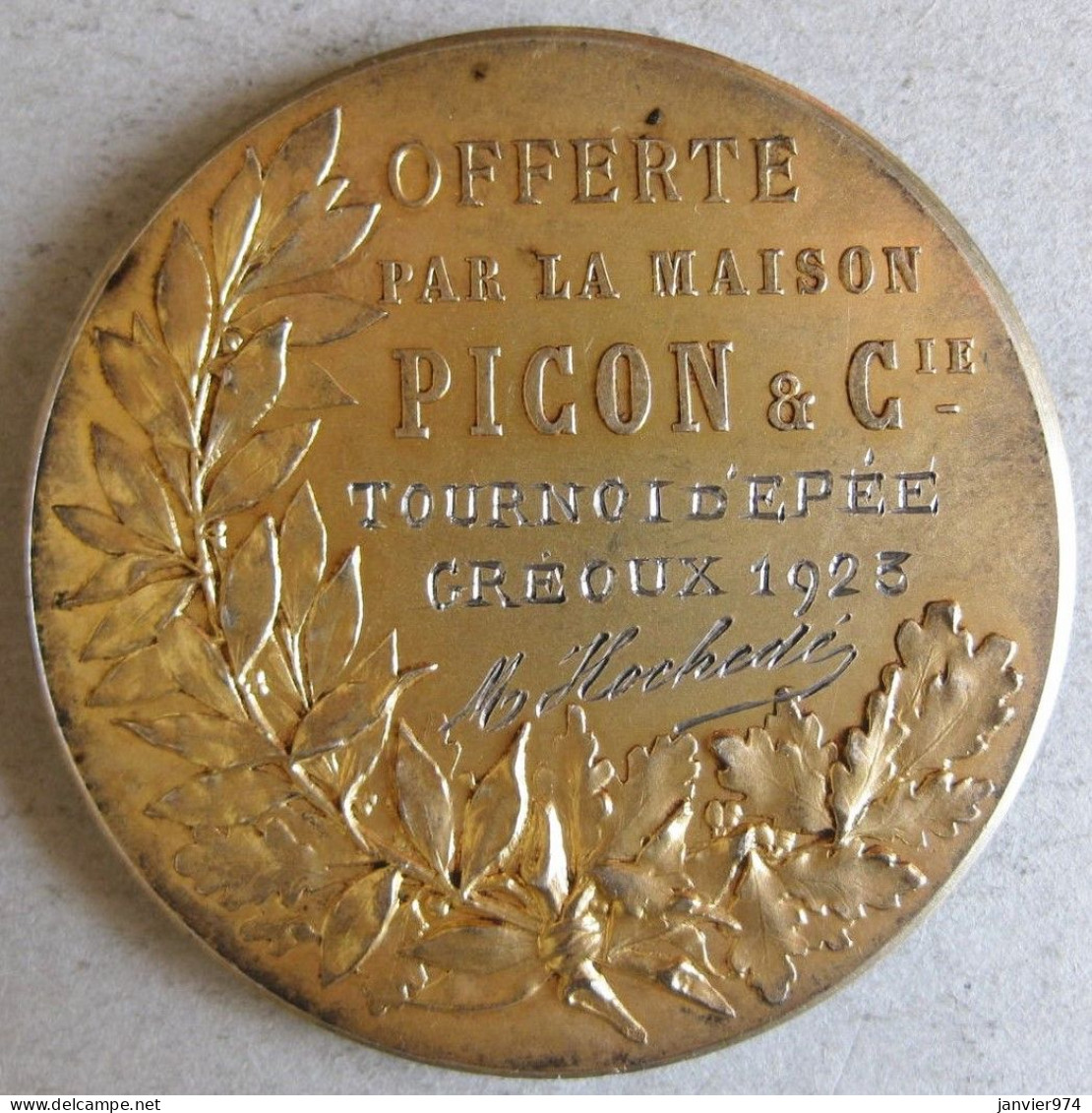 Médaille Argent Vermeil Tournoi D’Epée GREOUX 1923 , Maison Picon & Cie, à Hochedé Par VERNON - Otros & Sin Clasificación