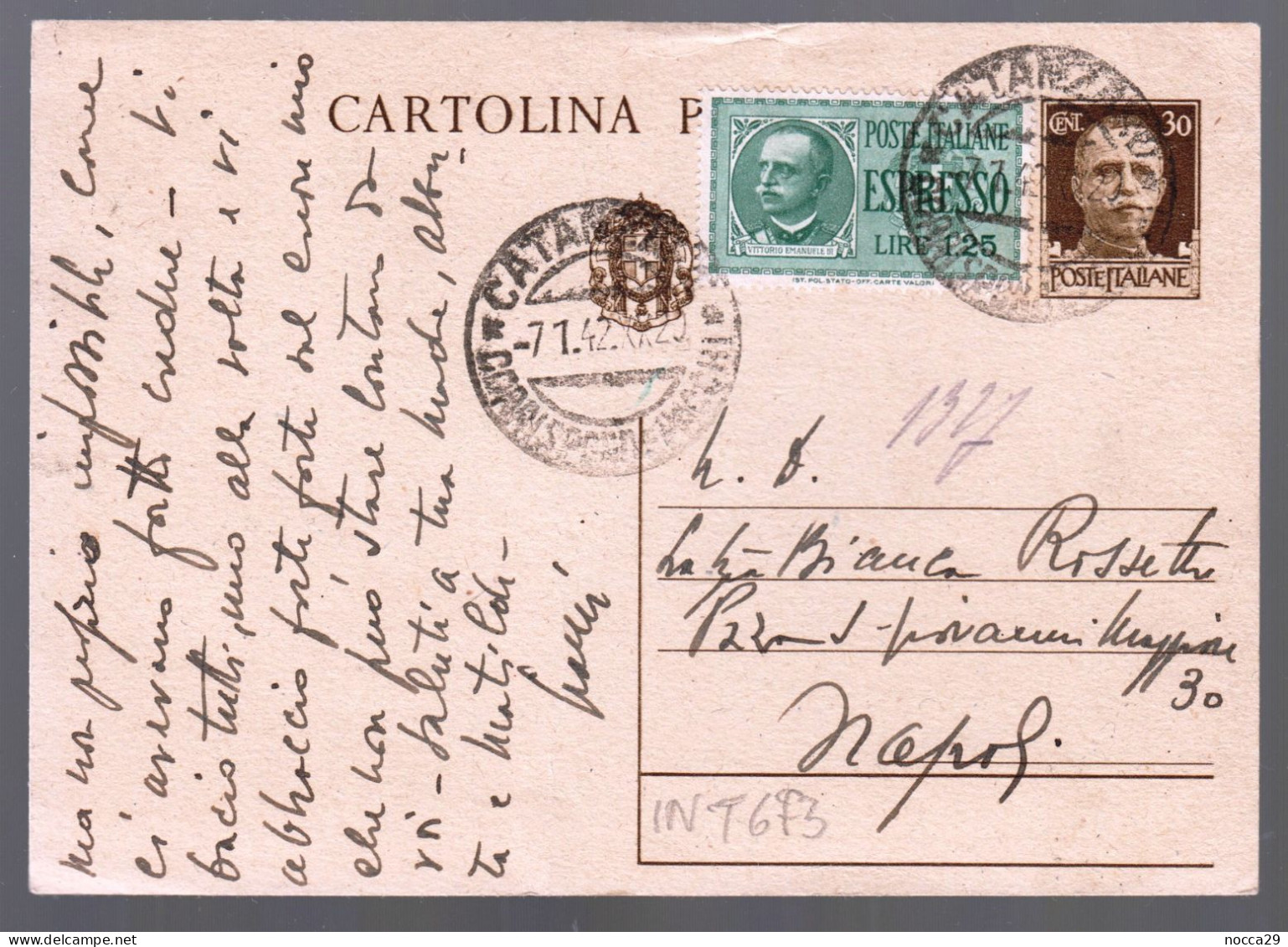 INTERO POSTALE DA 30 CENT. + ESPRESSO DA £1,25  VIAGGIATO NEL 1942 DA CATANZARO A NAPOLI  (INT673) - Stamped Stationery