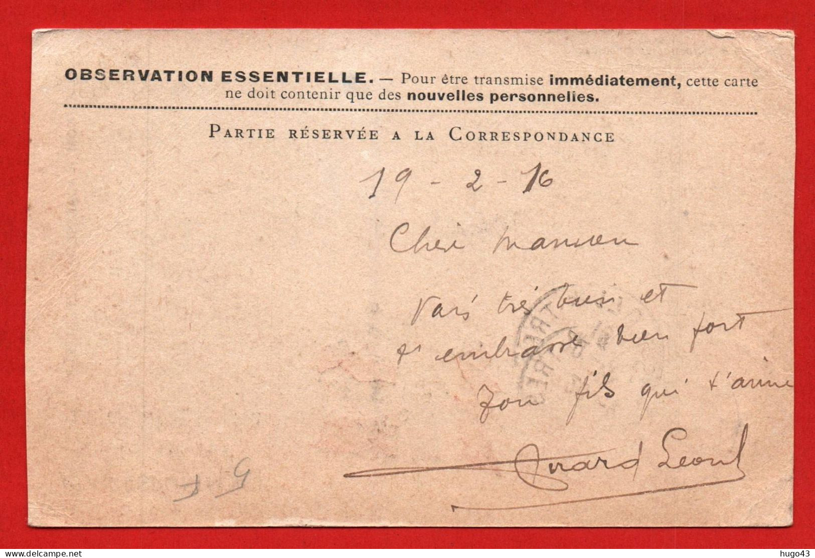 (RECTO / VERSO) CARTE CORRESPONDANCE DES ARMEES DE LA REPUBLIQUE LE 20/2/1916 - TRESOR ET POSTES SECT. POSTAL 170 - Brieven En Documenten