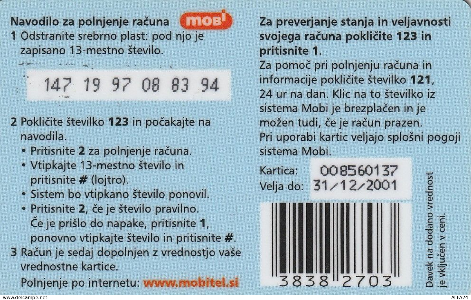 PREPAID PHONE CARD SLOVENIA  (CZ2493 - Eslovenia