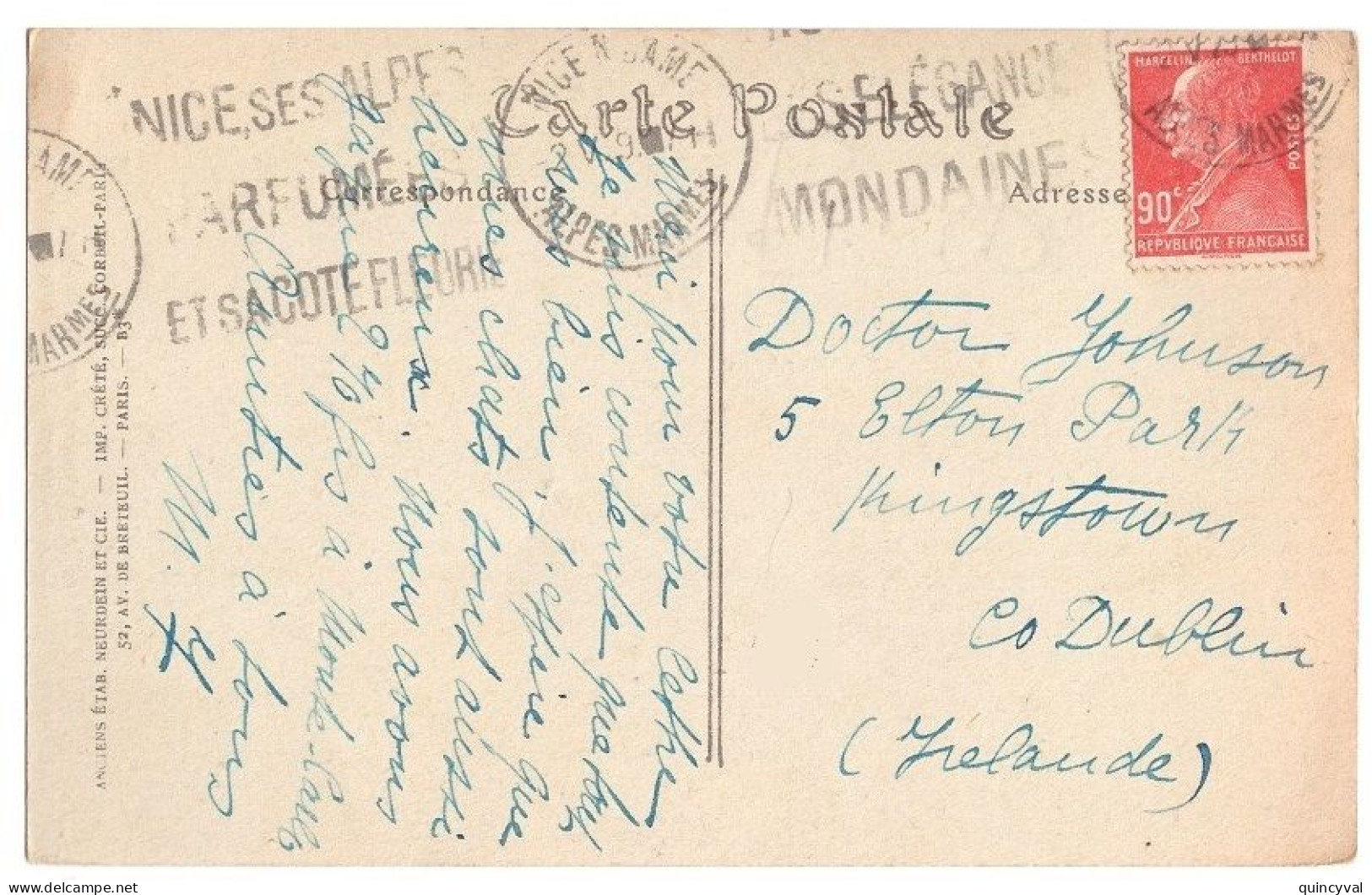 NICE Carte Postale Étranger 90c Berthelot Yv 237 Dest Dublin Irlande Ob Meca - 1921-1960: Periodo Moderno