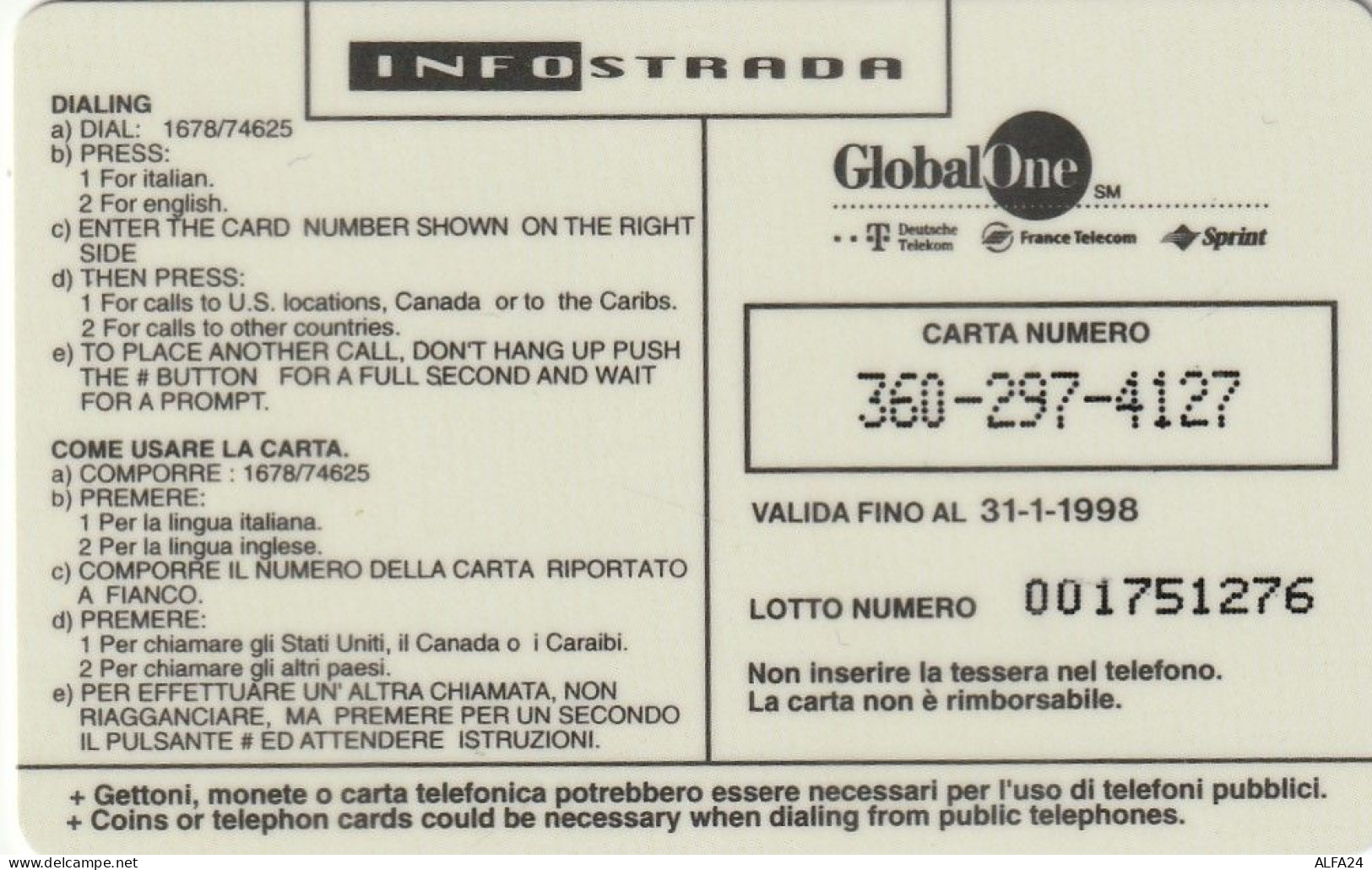 PREPAID PHONE CARD ITALIA INFOSTRADA (CZ2095 - Openbaar Gewoon
