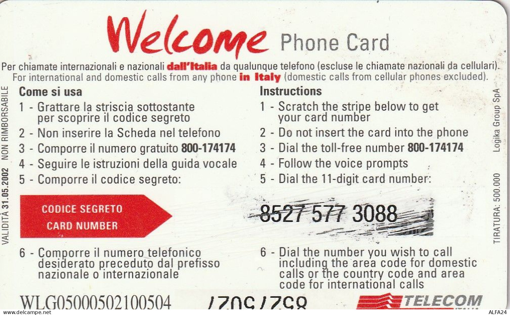 PREPAID PHONE CARD ITALIA WELCOME WLG (CZ2088 - Public Ordinary