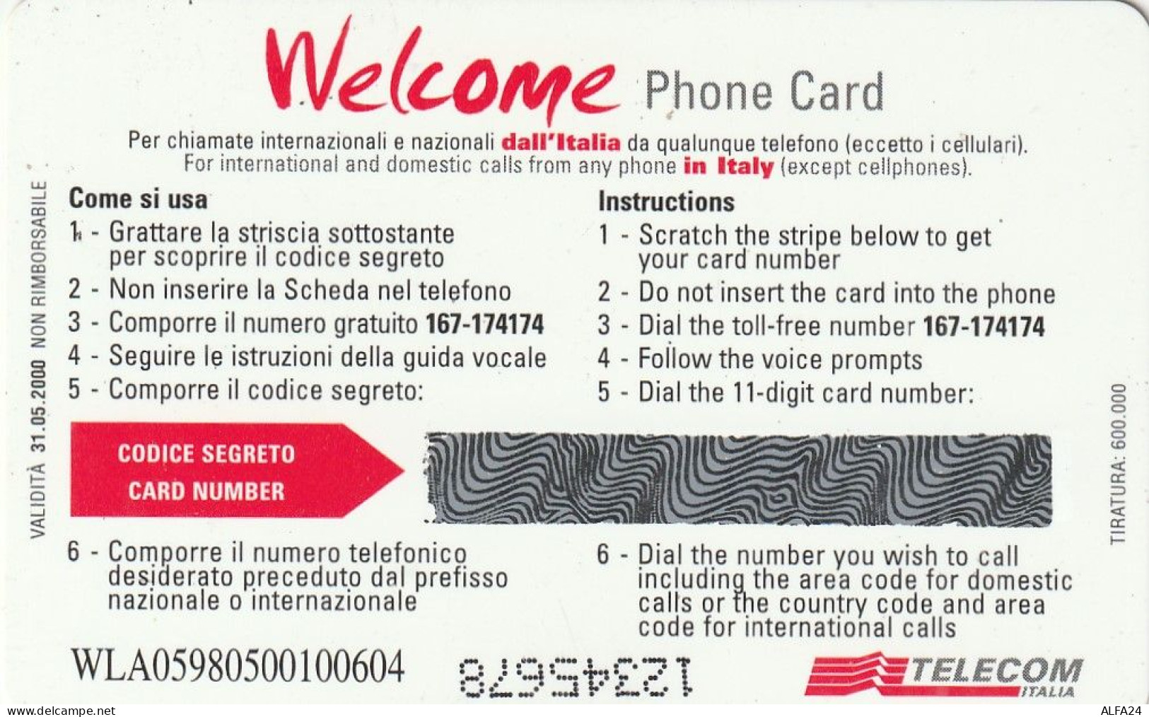 PREPAID PHONE CARD ITALIA WELCOME WLA (CZ2064 - Públicas Ordinarias