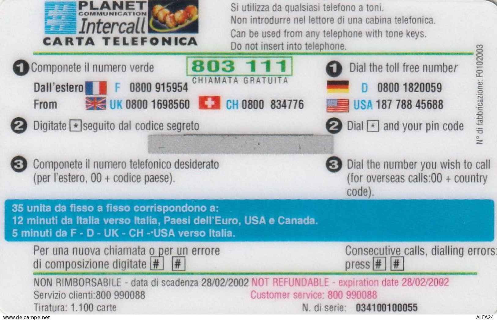 PREPAID PHONE CARD ITALIA PLANET TIR 1100 (CZ2057 - Openbaar Gewoon