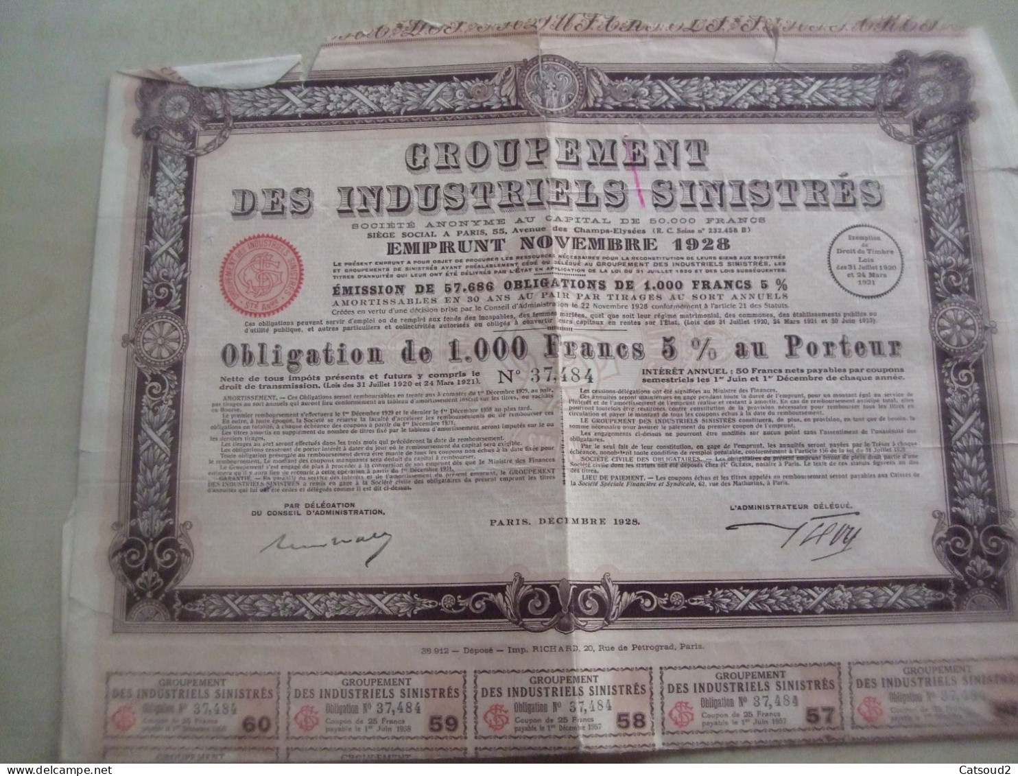 Ancienne Obligation GROUPEMENT DES INDUSTRIELS SINISTRES Novembre 1928 - Autres & Non Classés