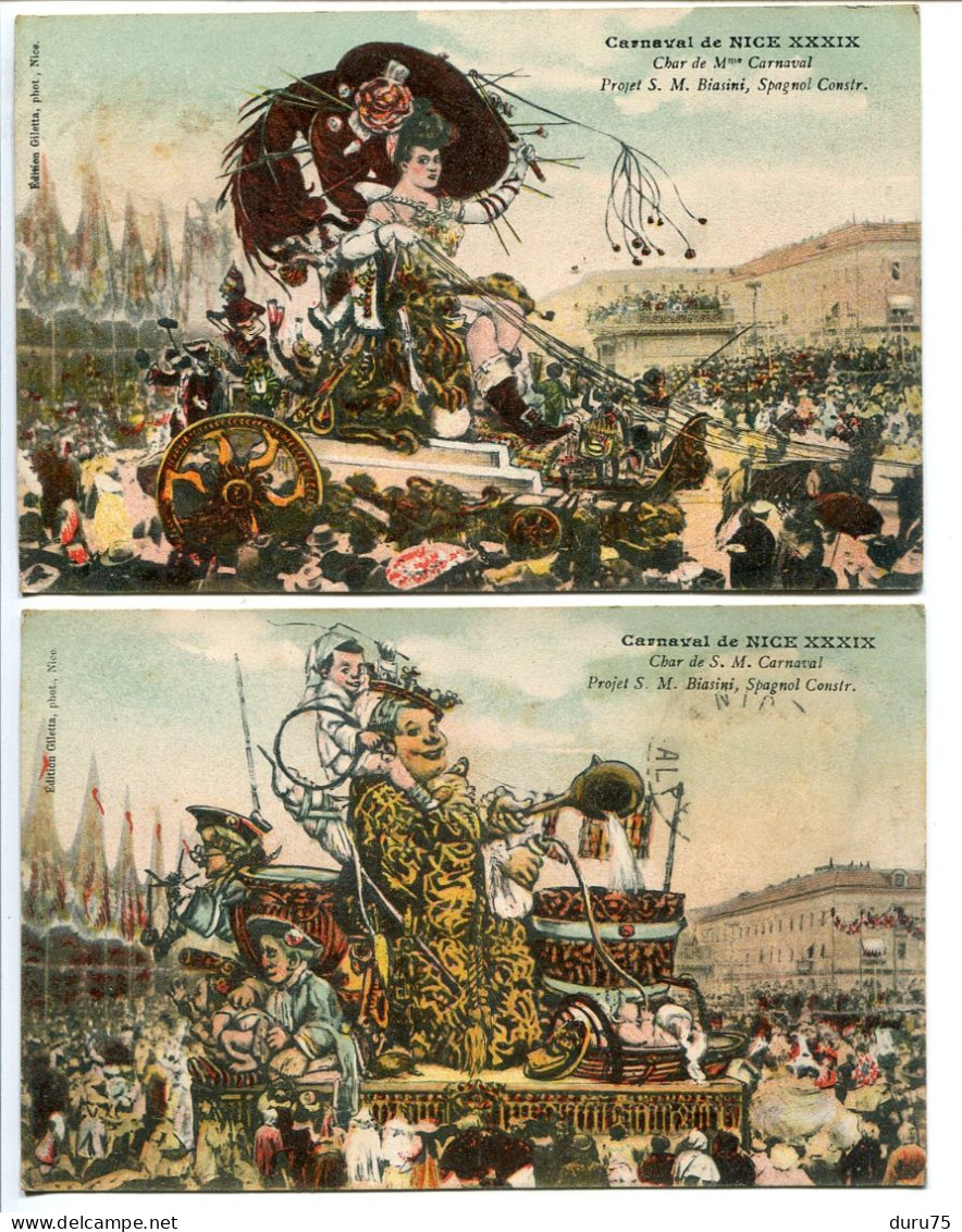 LOT 2 CPA Couleur Vers 1911 * CARNAVAL De NICE Char De Mme Carnaval & De S.M. Carnaval * Projet S.M. Biasini Spagnol - Carnevale