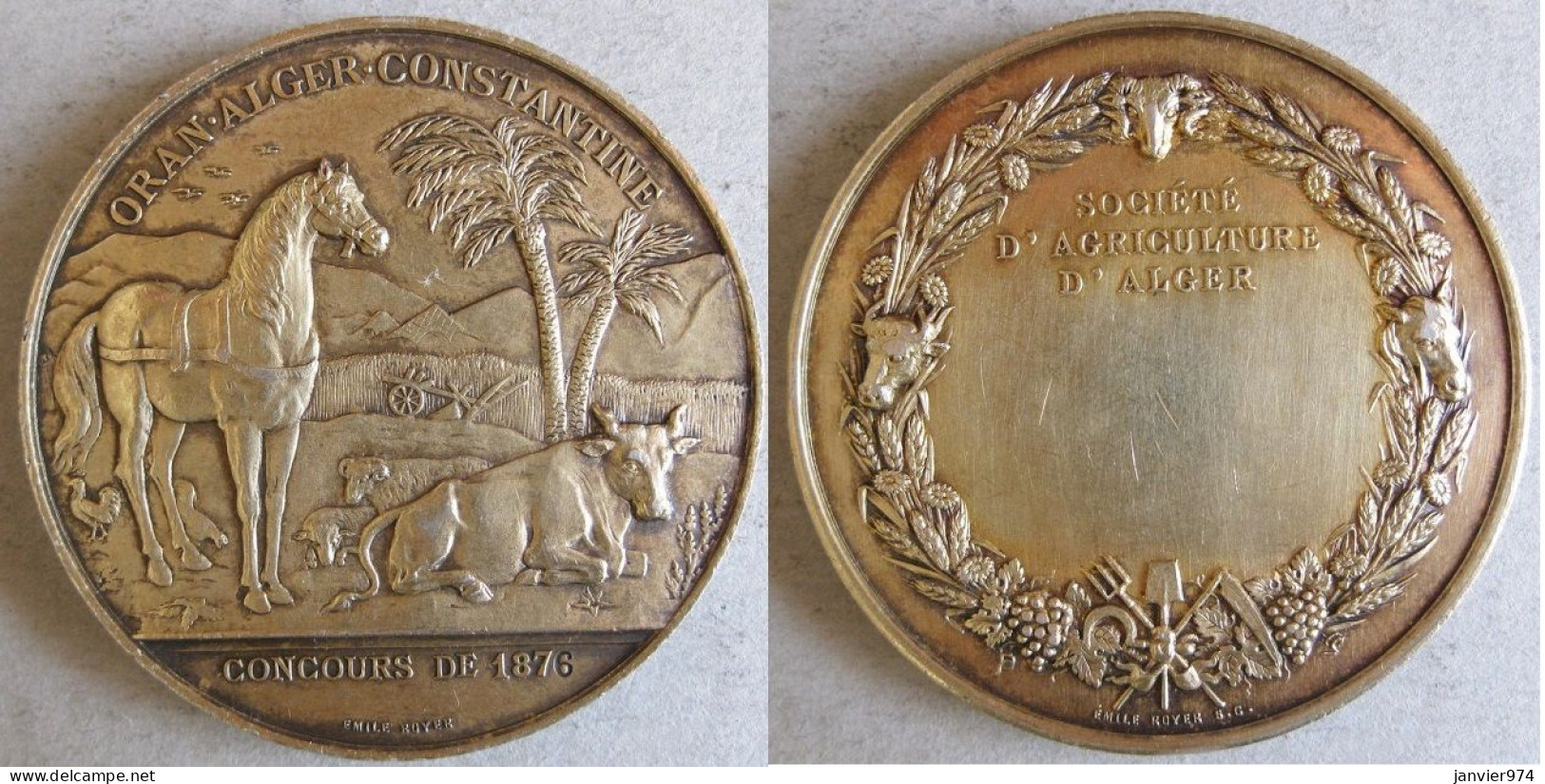 Médaille Coloniale En Argent Vermeil Oran, Alger, Constantine, Concours 1876 Algerie Par. E .ROYER - Autres & Non Classés