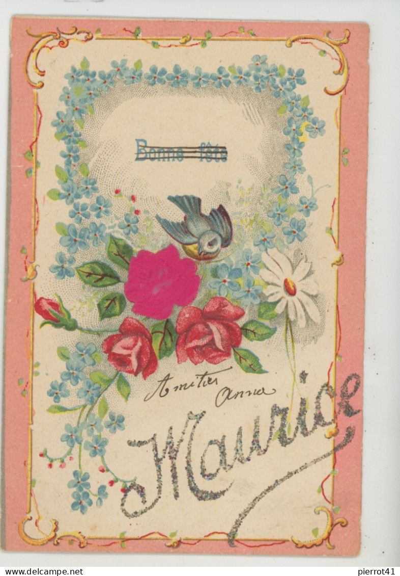 PRÉNOMS - Jolie Carte Fantaisie Gaufrée Oiseau Mésange & Fleurs Roses Myosotis Marguerite Prénom MAURICE (embossed Card) - Prénoms