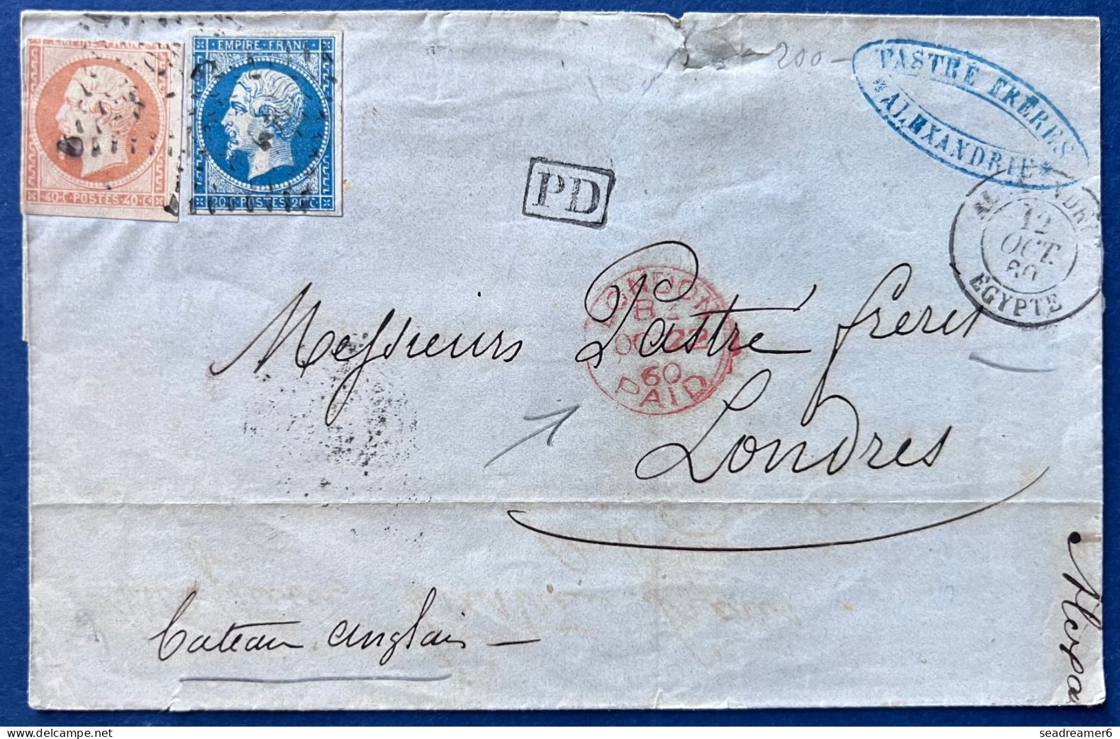 Lettre 12 OCT 1860 Napoleon N°14 & 16 Oblitérés PC 3704 + Dateur T15 " ALEXANDRIE / EGYPTE " Pour LONDRES - Schiffspost