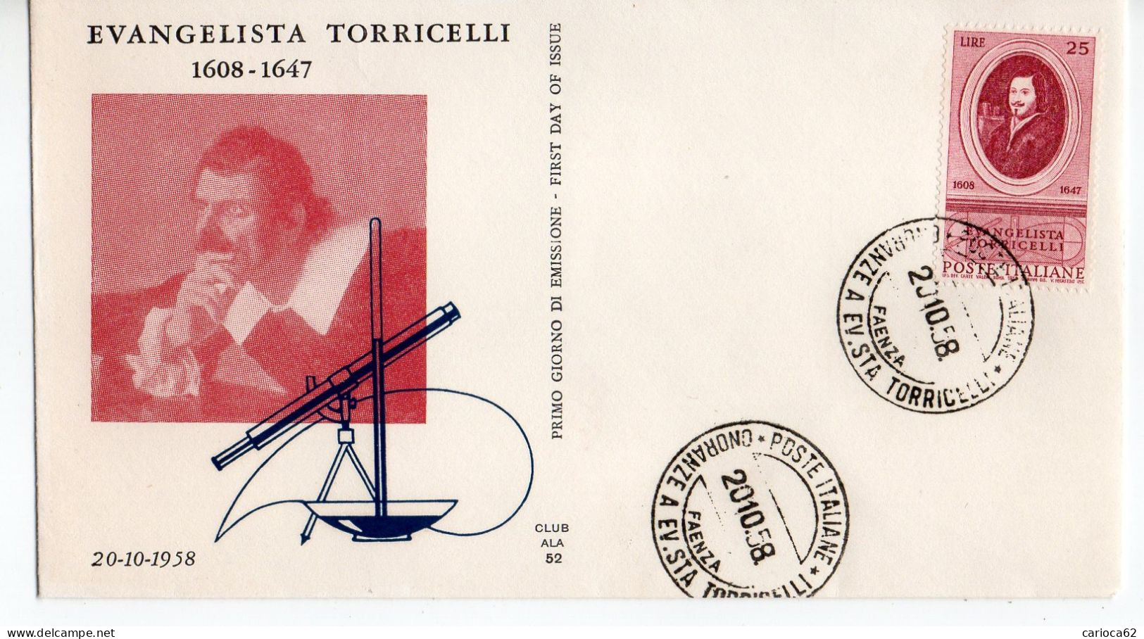 1958 - FDC " EVANGELISTA TORRICELLI " ALA VEDI++++ - FDC