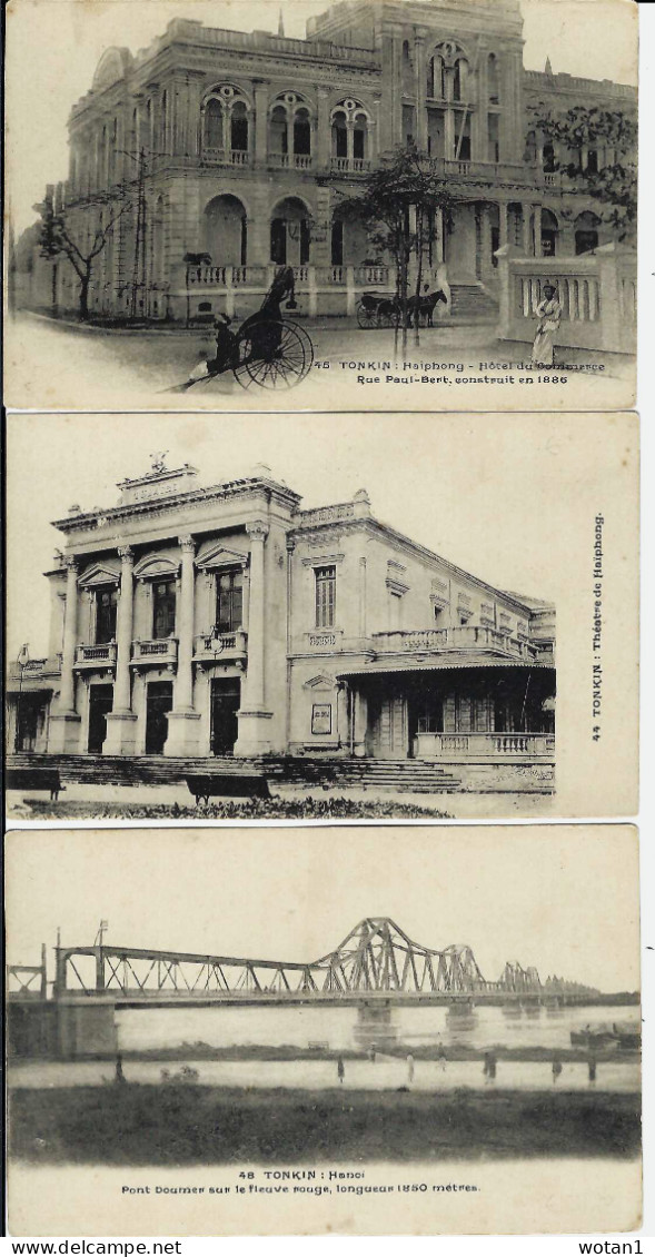 3 C.P. TONKIN - Hanoi Pont Doumer - Théâtre De Haiphong - Haiphong Hôtel Du Commerce (Ligne Blanche Fictive) - Vietnam