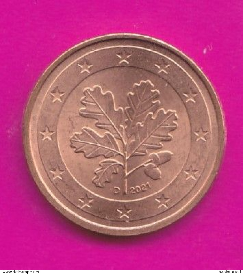 Germany, D 2021- 2 Euro Cent- Nickel Brass- Obverse Oak Leaf. Reverse Denomination- SPL, EF, SUP, VZ- - Germany