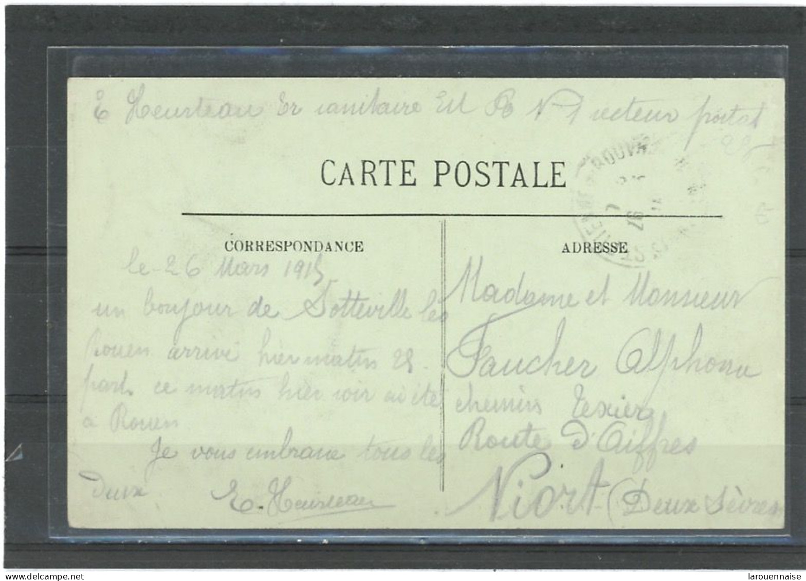 CACHET MILITAIRE -SOTTEVILLE LES ROUEN-C P -FRAPPE TTB -DOUBLE CERCLE BLEU -37 Mm-TRAIN SANITAIRE SEMI-PERMANENT EST PON - 1. Weltkrieg 1914-1918