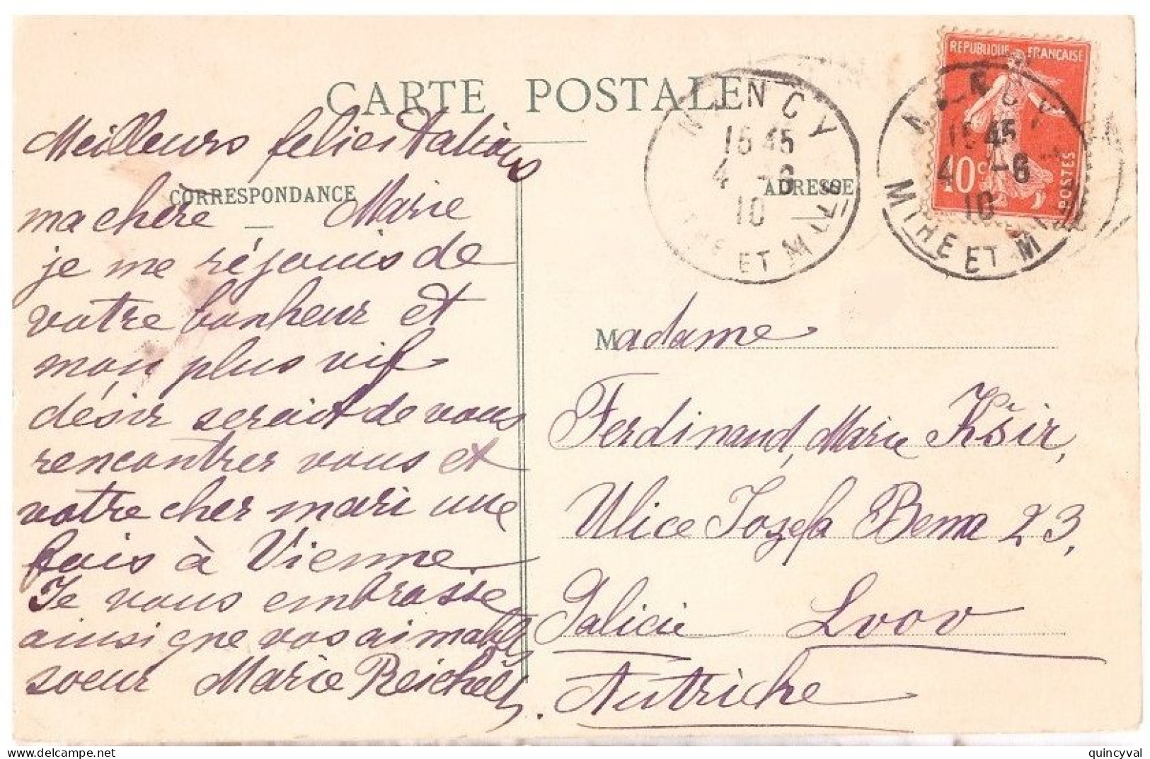 NANCY Mthe Et Mlle Carte Postale 10 C Semeuse Yv 138 Ob 4 10 1910 Daguin Jumelée Dest Lvov AUTRICHE - 1877-1920: Periodo Semi Moderno